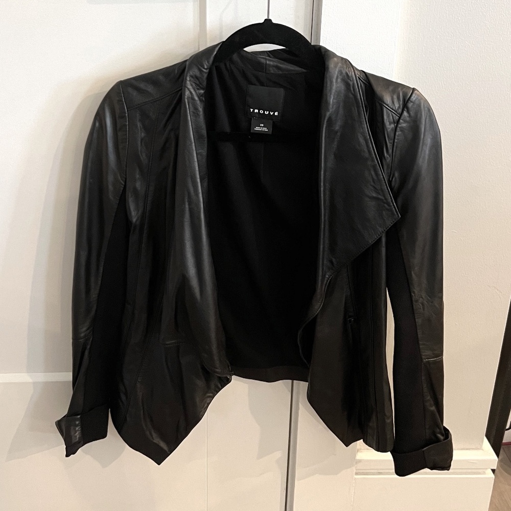 Trouvé Drape Front Black Leather Jacket Size XS